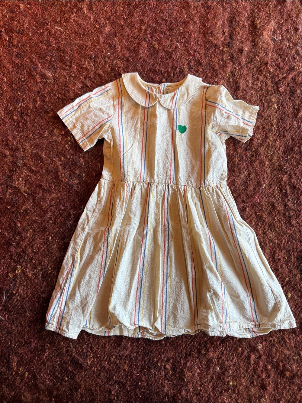 Mini Rodini Cream Striped Dress with Green Heart